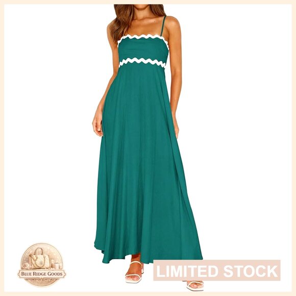Boho Maxi Dress Smocked Back Spaghetti Strap A-Line Flowy Summer Casual